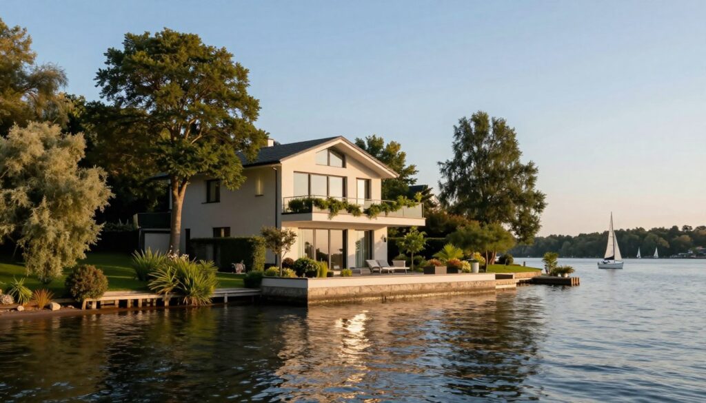 A picturesque view of Port Drzewny, featuring a modern waterfront residence that symbolizes luxury and discretion. In the foreground, serene waters gently ripple under soft golden sunlight, reflecting the calm atmosphere. The middle section showcases an elegant house with large windows and a stylish balcony adorned with greenery, blending nature with contemporary design. Towering trees and lush landscaping surround the property, enhancing privacy. In the background, sailboats are gracefully bobbing on the water, with a clear blue sky above and distant trees lining the shore. The lighting is warm and inviting, casting soft shadows that create a peaceful ambiance. Capture the essence of tranquility and mystery surrounding this notable residence. A picturesque view of Port Drzewny, featuring a modern waterfront residence that symbolizes luxury and discretion. In the foreground, serene waters gently ripple under soft golden sunlight, reflecting the calm atmosphere. The middle section showcases an elegant house with large windows and a stylish balcony adorned with greenery, blending nature with contemporary design. Towering trees and lush landscaping surround the property, enhancing privacy. In the background, sailboats are gracefully bobbing on the water, with a clear blue sky above and distant trees lining the shore. The lighting is warm and inviting, casting soft shadows that create a peaceful ambiance. Capture the essence of tranquility and mystery surrounding this notable residence.