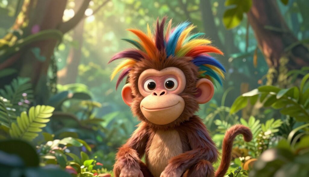 A playful and whimsical scene featuring a cartoonish monkey with a distinctive hairstyle known as "fryzura na małpę." The monkey's fur is colorful and bouncy, styled in bold, spiky spikes resembling a modern haircut. It sits joyfully amidst a lush jungle backdrop, with vibrant green leaves surrounding it. The focus is on the monkey's expressive face, showcasing its mischievous smile and lively eyes. Soft, dappled sunlight filters through the treetops, creating a warm and inviting atmosphere. The image is captured from a slightly low angle, emphasizing the monkey’s unique hairstyle against the vivid nature scene, evoking a sense of fun and creativity. A playful and whimsical scene featuring a cartoonish monkey with a distinctive hairstyle known as "fryzura na małpę." The monkey's fur is colorful and bouncy, styled in bold, spiky spikes resembling a modern haircut. It sits joyfully amidst a lush jungle backdrop, with vibrant green leaves surrounding it. The focus is on the monkey's expressive face, showcasing its mischievous smile and lively eyes. Soft, dappled sunlight filters through the treetops, creating a warm and inviting atmosphere. The image is captured from a slightly low angle, emphasizing the monkey’s unique hairstyle against the vivid nature scene, evoking a sense of fun and creativity.