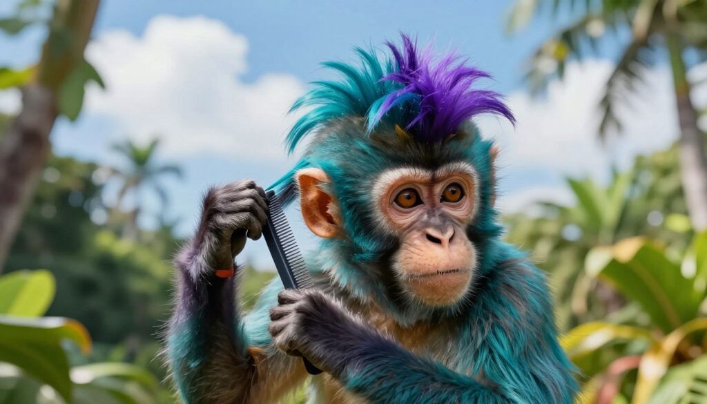 A playful scene featuring a stylish monkey sporting a trendy "fryzura małpę" hairstyle, characterized by a voluminous, textured mane that stands out with vibrant colors, perhaps a mix of teal and purple. In the foreground, the monkey holds a small comb and is grooming its hair, showcasing the maintenance aspect of this unique hairstyle. The middle ground includes lush, tropical foliage to enhance the vibrant setting, while the background features a sunny, blue sky dotted with fluffy clouds, creating a cheerful atmosphere. Soft, natural lighting highlights the monkey's playful expression and the texture of its fur, captured with a slightly angled view to emphasize the hairstyle's height and flair. The mood is light-hearted and fun, ideal for showcasing this distinctive look. A playful scene featuring a stylish monkey sporting a trendy "fryzura małpę" hairstyle, characterized by a voluminous, textured mane that stands out with vibrant colors, perhaps a mix of teal and purple. In the foreground, the monkey holds a small comb and is grooming its hair, showcasing the maintenance aspect of this unique hairstyle. The middle ground includes lush, tropical foliage to enhance the vibrant setting, while the background features a sunny, blue sky dotted with fluffy clouds, creating a cheerful atmosphere. Soft, natural lighting highlights the monkey's playful expression and the texture of its fur, captured with a slightly angled view to emphasize the hairstyle's height and flair. The mood is light-hearted and fun, ideal for showcasing this distinctive look.