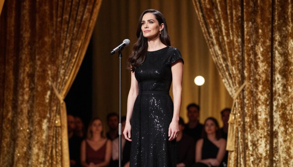 A polished, poised woman in her mid-30s, reminiscent of Tatiana Okupnik, stands at the forefront of a softly lit stage, surrounded by rich velvet curtains. She is dressed in an elegant, modest black gown with subtle sequins that catch the light. Her expression is one of determination and passion, her long dark hair cascading neatly over her shoulders. The middle ground features an ornate microphone on a stand, symbolizing her return to the stage, with soft spotlights gently illuminating her. In the background, a blurred audience can be seen, suggesting anticipation. The atmosphere is filled with a warm golden glow, evoking a sense of hope and excitement for her artistic plans ahead. Shot from a low angle to convey prominence, enhancing the inspirational mood. A polished, poised woman in her mid-30s, reminiscent of Tatiana Okupnik, stands at the forefront of a softly lit stage, surrounded by rich velvet curtains. She is dressed in an elegant, modest black gown with subtle sequins that catch the light. Her expression is one of determination and passion, her long dark hair cascading neatly over her shoulders. The middle ground features an ornate microphone on a stand, symbolizing her return to the stage, with soft spotlights gently illuminating her. In the background, a blurred audience can be seen, suggesting anticipation. The atmosphere is filled with a warm golden glow, evoking a sense of hope and excitement for her artistic plans ahead. Shot from a low angle to convey prominence, enhancing the inspirational mood.