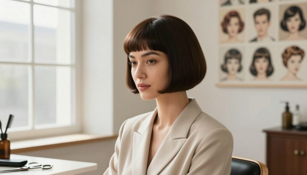 A portrait of a stylish woman showcasing a modern bowl cut hairstyle, characterized by a smooth, rounded silhouette and clean lines. She is seated in a minimalist, well-lit room, with soft natural light streaming through a large window, creating a warm ambiance. The woman is dressed in a chic, modest outfit, blending elegance with simplicity, while her expression reflects confidence and poise. Surrounding her are subtle hints of vintage hairdressing tools, like scissors and a comb, to emphasize the historical aspect of the bowl cut. In the background, an artistic wall display features iconic hairstyles through the decades, highlighting the evolution of the bowl cut in a timeline format. The focus is sharp, capturing the detailed texture of the hair, inviting viewers to explore the rich history of this hairstyle. A portrait of a stylish woman showcasing a modern bowl cut hairstyle, characterized by a smooth, rounded silhouette and clean lines. She is seated in a minimalist, well-lit room, with soft natural light streaming through a large window, creating a warm ambiance. The woman is dressed in a chic, modest outfit, blending elegance with simplicity, while her expression reflects confidence and poise. Surrounding her are subtle hints of vintage hairdressing tools, like scissors and a comb, to emphasize the historical aspect of the bowl cut. In the background, an artistic wall display features iconic hairstyles through the decades, highlighting the evolution of the bowl cut in a timeline format. The focus is sharp, capturing the detailed texture of the hair, inviting viewers to explore the rich history of this hairstyle.