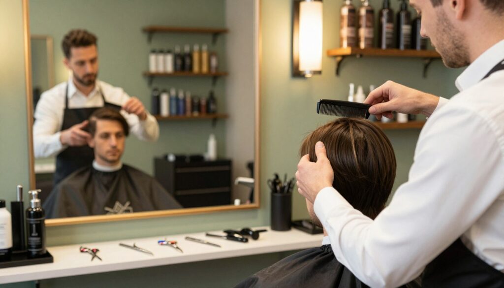 A professional hair salon setting focused on preparing hair for a precise men's mushroom haircut. In the foreground, a barber in a crisp white shirt and black apron gently combs a client's medium-length hair, showcasing meticulous attention to detail. The middle layer features an elegant salon mirror reflecting the scene, with hair styling tools like scissors and clippers artfully arranged on a nearby counter. The background showcases soft, warm lighting, enhancing the ambiance, with neatly organized shelves of hair products and a calming color palette of greens and browns. The atmosphere is professional and inviting, emphasizing the artistry of hairstyling and preparation for a modern men's hairstyle.