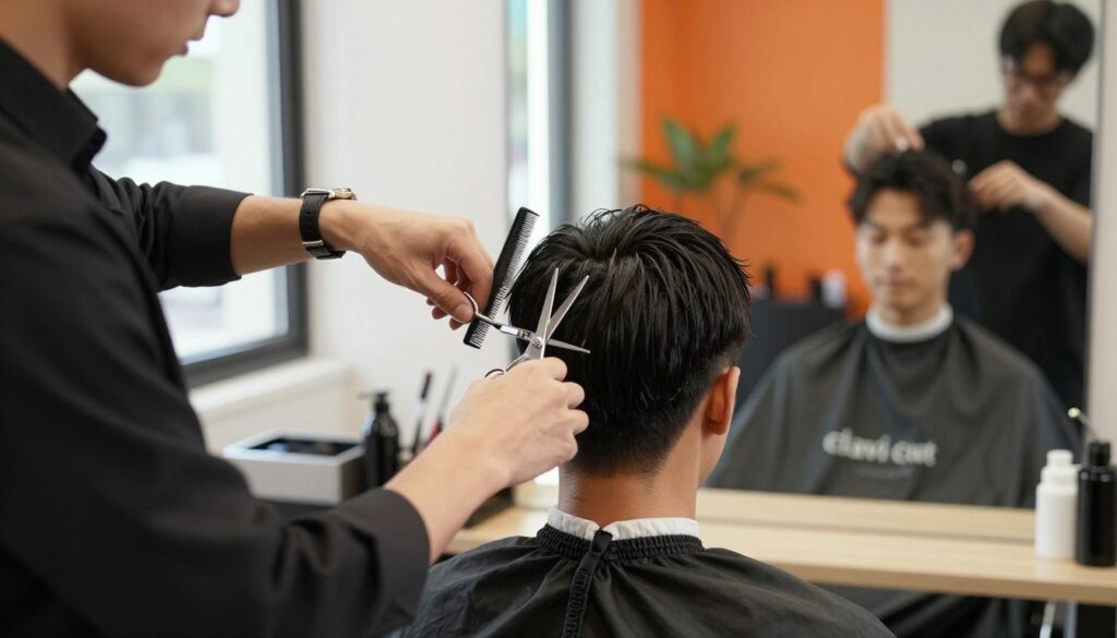 A professional hair salon setting with a focus on a male client undergoing a "clavi cut," which features short sides and a longer, textured top. The foreground captures the stylist, dressed in smart, professional attire, using scissors and a comb to shape the hair with precision. In the middle ground, a large mirror reflects the client's content expression, showcasing the modern haircut's sleek lines and style. The background includes stylish salon equipment and vibrant wall colors, creating a welcoming atmosphere. Natural, soft lighting filters in from a nearby window, enhancing the dimensions of the cut. The overall mood is one of sophistication and professionalism, emphasizing the importance of using specialized hair terminology in a salon environment. A professional hair salon setting with a focus on a male client undergoing a "clavi cut," which features short sides and a longer, textured top. The foreground captures the stylist, dressed in smart, professional attire, using scissors and a comb to shape the hair with precision. In the middle ground, a large mirror reflects the client's content expression, showcasing the modern haircut's sleek lines and style. The background includes stylish salon equipment and vibrant wall colors, creating a welcoming atmosphere. Natural, soft lighting filters in from a nearby window, enhancing the dimensions of the cut. The overall mood is one of sophistication and professionalism, emphasizing the importance of using specialized hair terminology in a salon environment.