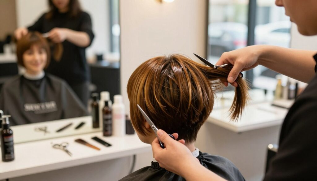 A professional hairstylist demonstrates various hair cutting techniques aimed at adding volume to fine hair, specifically focusing on the vibrant textures of a pixie cut. In the foreground, the stylist is using precision shears on a client's hair, showcasing layers that create movement and body. The client has a pleased expression, with light reflecting off their shiny, healthy hair. The middle ground features scissors, combs, and hair products arranged neatly on a salon station. In the background, a warm, welcoming salon interior is softly illuminated by natural light coming through the windows. The overall atmosphere is professional yet inviting, emphasizing creativity and expertise in hairstyling. A professional hairstylist demonstrates various hair cutting techniques aimed at adding volume to fine hair, specifically focusing on the vibrant textures of a pixie cut. In the foreground, the stylist is using precision shears on a client's hair, showcasing layers that create movement and body. The client has a pleased expression, with light reflecting off their shiny, healthy hair. The middle ground features scissors, combs, and hair products arranged neatly on a salon station. In the background, a warm, welcoming salon interior is softly illuminated by natural light coming through the windows. The overall atmosphere is professional yet inviting, emphasizing creativity and expertise in hairstyling.