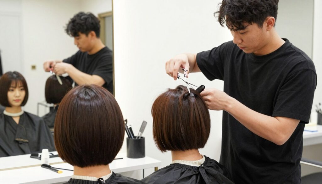 A professional hairstylist expertly demonstrating various bob haircut techniques in a well-lit salon environment, showcasing the method of achieving volume. In the foreground, the stylist is focused on a model with a sleek, modern bob, emphasizing the short back and layered sides that add lift to the hairstyle. The middle features tools like scissors, combs, and a mirror reflecting the stylist's careful artistry. The background captures a chic salon with soft, diffused lighting that highlights the textures of the hair and the elegance of the surroundings. The overall atmosphere is professional and inspiring, perfect for illustrating advanced hair cutting techniques.