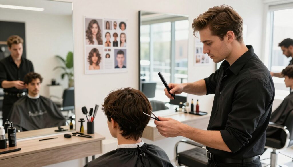 A professional hairstylist in a modern salon setting, analyzing a client's face shape to recommend the perfect haircut. The foreground features a well-groomed stylist with a focused expression, dressed in a smart black shirt, holding a comb and scissors. The middle showcases a diverse client seated in a stylish salon chair, with a mirror reflecting their thoughtful expression, clearly considering the hairstyle options. In the background, various hairstyles are displayed on posters, alongside hairstyling tools neatly arranged. Soft, natural lighting enhances the warm atmosphere, with the sun streaming through large windows, creating a welcoming vibe. The angle captures the interaction between stylist and client, emphasizing personalized service, with a clean and organized salon environment. A professional hairstylist in a modern salon setting, analyzing a client's face shape to recommend the perfect haircut. The foreground features a well-groomed stylist with a focused expression, dressed in a smart black shirt, holding a comb and scissors. The middle showcases a diverse client seated in a stylish salon chair, with a mirror reflecting their thoughtful expression, clearly considering the hairstyle options. In the background, various hairstyles are displayed on posters, alongside hairstyling tools neatly arranged. Soft, natural lighting enhances the warm atmosphere, with the sun streaming through large windows, creating a welcoming vibe. The angle captures the interaction between stylist and client, emphasizing personalized service, with a clean and organized salon environment.