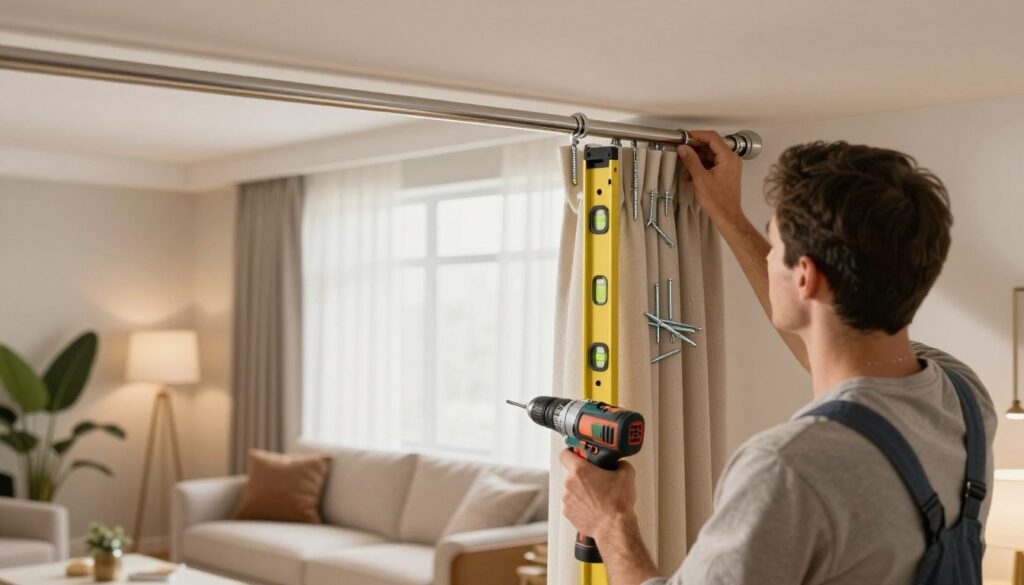 A professional handyman installing a curtain rod in a stylish living room, focusing on precise measurements and tools. In the foreground, show the handyman in modest casual clothing, using a level and a drill, surrounded by hardware like screws and anchors. In the middle, capture the elegant curtain rod being mounted to the wall, beautifully designed with modern aesthetics. The background features a tastefully decorated living room with soft lighting, showcasing curtains that complement the room's decor, and a cozy atmosphere with plants and furniture. Use warm, natural light to enhance the inviting mood, while maintaining focus on the installation process as the main subject. A professional handyman installing a curtain rod in a stylish living room, focusing on precise measurements and tools. In the foreground, show the handyman in modest casual clothing, using a level and a drill, surrounded by hardware like screws and anchors. In the middle, capture the elegant curtain rod being mounted to the wall, beautifully designed with modern aesthetics. The background features a tastefully decorated living room with soft lighting, showcasing curtains that complement the room's decor, and a cozy atmosphere with plants and furniture. Use warm, natural light to enhance the inviting mood, while maintaining focus on the installation process as the main subject.