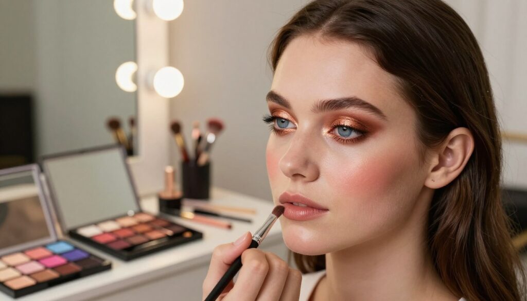 A professional makeup artist is applying makeup to a model with blue eyes and dark brown hair in a soft, well-lit studio setting. The foreground features a close-up of the model’s face, showcasing the delicate application of eyeshadow in warm copper and bronze tones that subtly enhance her blue iris, while her cheeks have a light dusting of rosy blush. The middle layer includes makeup tools and vibrant eyeshadow palettes, arranged neatly on a vanity table. The background has soft-focus elements like mirrors and gentle lighting that create a welcoming atmosphere. The overall mood is elegant and sophisticated, highlighting the beauty of makeup tailored for individuals with blue eyes.
