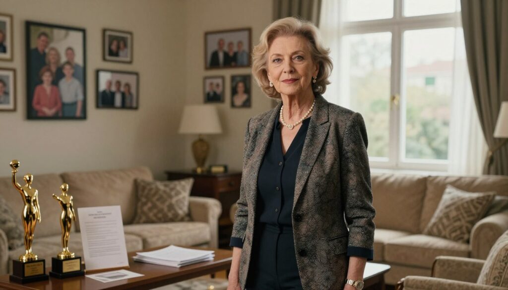 A professional portrait of Teresa Lipowska, depicted as a successful actress in her striking 70s, dressed elegantly in a tailored, stylish outfit suitable for a public appearance. She stands confidently in a cozy, warmly lit living room that reflects her personality, with family photographs adorning the walls. In the foreground, a coffee table displays awards and scripts, symbolizing her career achievements. In the background, a large window lets in soft natural light, emphasizing a serene atmosphere. The image should be captured from a slight low angle to present her as an inspirational figure, with a subtle bokeh effect to enhance the focus on her. The overall mood is warm, inviting, and reflective of her professional journey and life choices. A professional portrait of Teresa Lipowska, depicted as a successful actress in her striking 70s, dressed elegantly in a tailored, stylish outfit suitable for a public appearance. She stands confidently in a cozy, warmly lit living room that reflects her personality, with family photographs adorning the walls. In the foreground, a coffee table displays awards and scripts, symbolizing her career achievements. In the background, a large window lets in soft natural light, emphasizing a serene atmosphere. The image should be captured from a slight low angle to present her as an inspirational figure, with a subtle bokeh effect to enhance the focus on her. The overall mood is warm, inviting, and reflective of her professional journey and life choices.