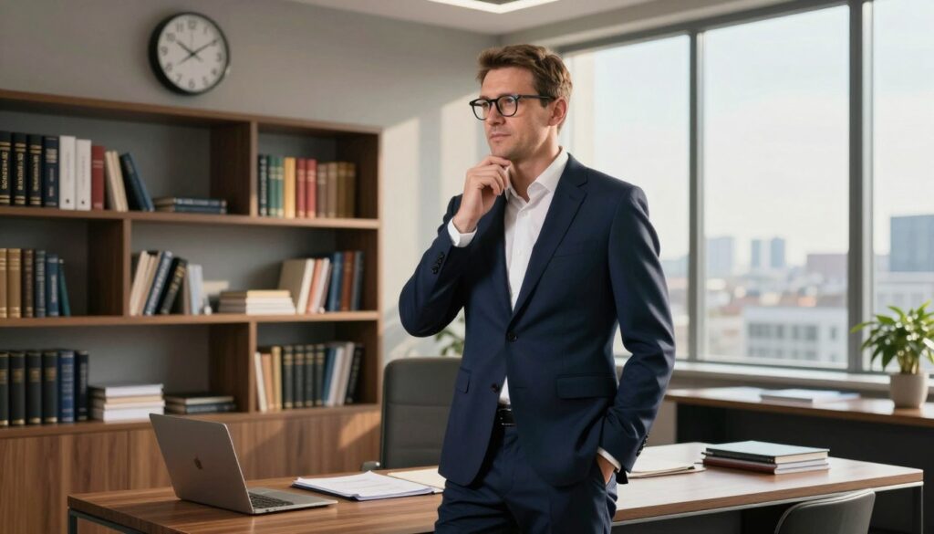 A professional scene depicting Michał Wójcik, a politician, in a modern, stylish office environment. In the foreground, he stands confidently at a sleek wooden desk, wearing a tailored navy suit and a crisp white shirt, with glasses that add to his intellectual demeanor. In the middle ground, shelves filled with books and documents reflect his educational journey, while a modern wall clock shows the time as he engages in thoughtful contemplation. The background features a large window with a cityscape view, bathed in warm afternoon sunlight, creating an inviting atmosphere. The overall mood is one of professionalism and ambition, highlighting the theme of education and career path in a subtle yet powerful manner. The image should have soft, natural lighting, capturing a clear, well-composed angle. A professional scene depicting Michał Wójcik, a politician, in a modern, stylish office environment. In the foreground, he stands confidently at a sleek wooden desk, wearing a tailored navy suit and a crisp white shirt, with glasses that add to his intellectual demeanor. In the middle ground, shelves filled with books and documents reflect his educational journey, while a modern wall clock shows the time as he engages in thoughtful contemplation. The background features a large window with a cityscape view, bathed in warm afternoon sunlight, creating an inviting atmosphere. The overall mood is one of professionalism and ambition, highlighting the theme of education and career path in a subtle yet powerful manner. The image should have soft, natural lighting, capturing a clear, well-composed angle.