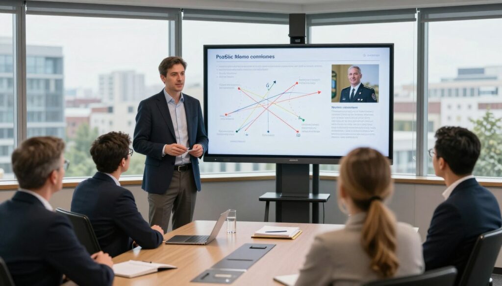 A professional scene depicting Roman Polko engaged in expert activities and educational projects. In the foreground, show him in business attire, confidently presenting to a small group of attentive audience members in a modern conference room. The middle ground features a large display screen showcasing educational materials related to military strategy and leadership. In the background, through a large window, an urban landscape can be seen, symbolizing growth and opportunity. The lighting is bright and focused, highlighting the speaker while creating a warm and engaging atmosphere. Capture the moment from a slightly angled perspective to emphasize the dynamic interaction between Polko and the audience, conveying a sense of inspiration and expertise.
