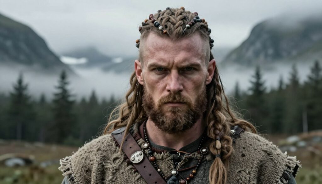 A rugged Viking warrior stands proudly, showcasing an intricate braided hairstyle adorned with beads and leather accents. The foreground features close-ups of his face, emphasizing his strong jawline, prominent cheekbones, and a well-groomed beard. His piercing eyes convey a fierce determination, capturing the essence of masculinity. The middle ground showcases a detailed view of his clothing, woven with natural textiles and layered for warmth, reflecting the raw aesthetics of classic Viking attire. In the background, a misty Scandinavian landscape unfolds, with majestic mountains and dense forests, enhancing the adventurous spirit of the Viking era. Soft, diffused lighting filters through the trees, creating an atmospheric ambiance that highlights the hero's formidable presence. The overall mood is one of strength and authenticity, evoking the timeless allure of Viking culture. A rugged Viking warrior stands proudly, showcasing an intricate braided hairstyle adorned with beads and leather accents. The foreground features close-ups of his face, emphasizing his strong jawline, prominent cheekbones, and a well-groomed beard. His piercing eyes convey a fierce determination, capturing the essence of masculinity. The middle ground showcases a detailed view of his clothing, woven with natural textiles and layered for warmth, reflecting the raw aesthetics of classic Viking attire. In the background, a misty Scandinavian landscape unfolds, with majestic mountains and dense forests, enhancing the adventurous spirit of the Viking era. Soft, diffused lighting filters through the trees, creating an atmospheric ambiance that highlights the hero's formidable presence. The overall mood is one of strength and authenticity, evoking the timeless allure of Viking culture.