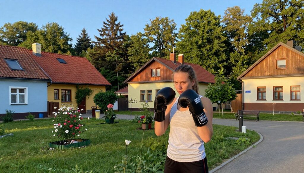 A scenic view of a cozy neighborhood in the outskirts of Warsaw, Poland. In the foreground, a young female boxer stands confidently, dressed in modest athletic wear, displaying her determination and strength. Her expression is focused and proud, embodying the spirit of a champion. In the middle ground, quaint houses with colorful facades and blooming gardens create a welcoming atmosphere, symbolizing her roots. The background features the lush green of a nearby park under a clear blue sky, suggesting tranquility and connection to nature. The lighting is warm and inviting, capturing the charm of a late afternoon. The scene conveys a sense of hope and transformation, reflecting Julia's journey and the changes in her life.
