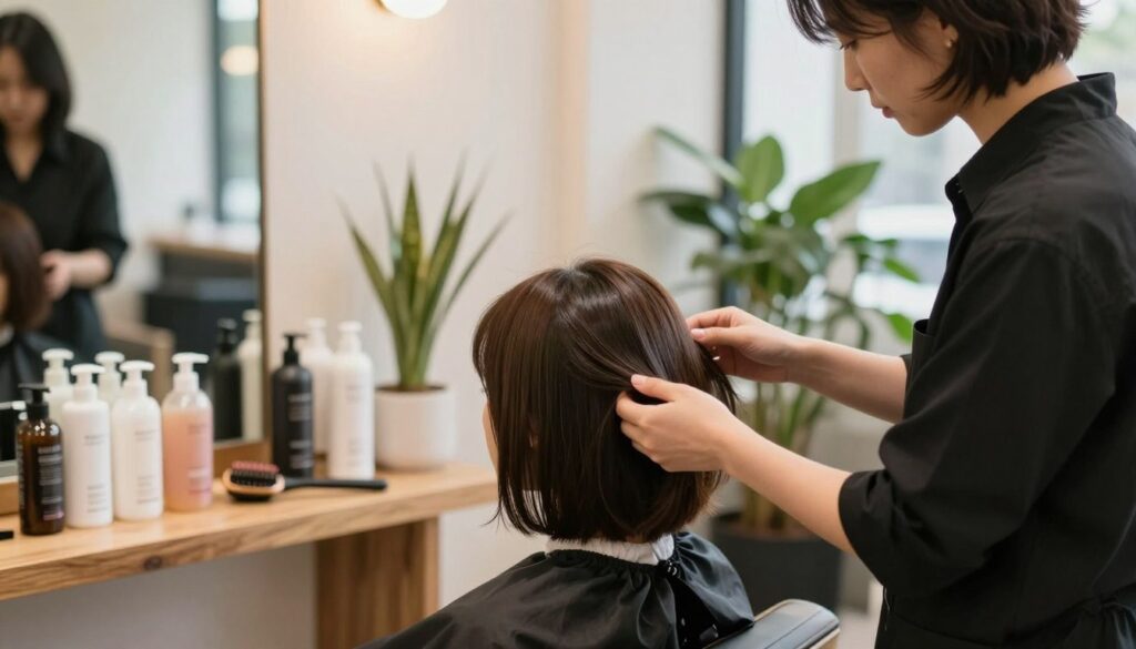 A serene and inviting salon setting focusing on hair care and styling. In the foreground, a professional stylist, dressed in smart casual attire, gently applies a nourishing hair mask to a client's shoulder-length hair, showcasing the texture and shine of healthy hair. The middle ground displays an array of hair care products elegantly arranged on a wooden shelf, including bottles of shampoo, conditioner, and styling tools with a soft focus. In the background, warm natural light filters through large windows, creating a cozy atmosphere with green plants and stylish decor. The mood is calm and professional, emphasizing the importance of hair care and the art of modern hairstyling, particularly for the trendy bob cut. A serene and inviting salon setting focusing on hair care and styling. In the foreground, a professional stylist, dressed in smart casual attire, gently applies a nourishing hair mask to a client's shoulder-length hair, showcasing the texture and shine of healthy hair. The middle ground displays an array of hair care products elegantly arranged on a wooden shelf, including bottles of shampoo, conditioner, and styling tools with a soft focus. In the background, warm natural light filters through large windows, creating a cozy atmosphere with green plants and stylish decor. The mood is calm and professional, emphasizing the importance of hair care and the art of modern hairstyling, particularly for the trendy bob cut.