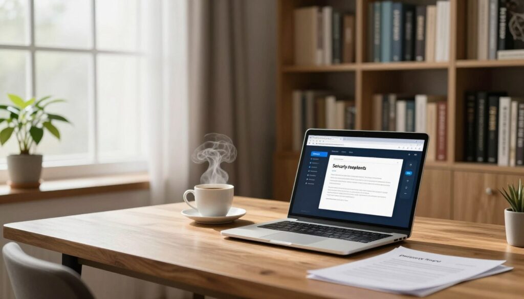 A serene and modern workspace set in a cozy, well-lit room, designed for reflection on privacy in the media age. In the foreground, a wooden desk with a sleek laptop showcasing security software, beside a steaming cup of coffee and papers with privacy strategies. In the middle, a large window with sheer curtains, letting in soft, natural light that highlights a small potted plant, symbolizing growth and confidentiality. In the background, bookshelves filled with volumes on media ethics and privacy laws, creating an intellectual atmosphere. The lighting should be warm and inviting, with a shallow depth of field that gently blurs the background, focusing on the desk. The overall mood conveys a professional yet calming environment, perfect for thoughtful contemplation on privacy protection methods. A serene and modern workspace set in a cozy, well-lit room, designed for reflection on privacy in the media age. In the foreground, a wooden desk with a sleek laptop showcasing security software, beside a steaming cup of coffee and papers with privacy strategies. In the middle, a large window with sheer curtains, letting in soft, natural light that highlights a small potted plant, symbolizing growth and confidentiality. In the background, bookshelves filled with volumes on media ethics and privacy laws, creating an intellectual atmosphere. The lighting should be warm and inviting, with a shallow depth of field that gently blurs the background, focusing on the desk. The overall mood conveys a professional yet calming environment, perfect for thoughtful contemplation on privacy protection methods.