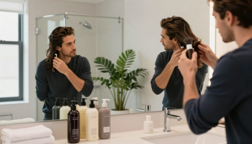 A serene bathroom scene focused on hair care, featuring a stylish man in a smart casual outfit, gently applying hair product while looking into a large mirror. The foreground showcases an array of high-quality hair care products - shampoos, conditioners, and styling gels - neatly arranged on a sleek countertop. In the middle ground, there’s a lush green plant and soft towels adding a touch of freshness. The background includes a well-lit, minimalist shower space with subtle tile details. Natural light streams in through a window, creating a warm and inviting atmosphere. The overall mood is calm and focused, emphasizing the importance of hair care and scalp health in achieving the perfect pompadour hairstyle.