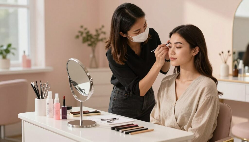 A serene beauty salon interior featuring a professional eyebrow grooming station. In the foreground, a well-organized beauty setup with high-quality tools: tweezers, scissors, brow gels, and a small mirror reflecting soft, natural light. In the middle ground, a makeup artist in smart casual attire attentively shaping a client's brows, displaying care and precision. The client looks relaxed and content, with brow pigments and skincare products tastefully arranged around. The background features soft pastel-colored walls and delicate plants, enhancing the tranquility of the space. The lighting is warm and inviting, casting gentle shadows, creating an atmosphere of elegance and professionalism. The angle focuses on the meticulous details of the grooming process, inviting the viewer to appreciate the artistry involved in eyebrow care. A serene beauty salon interior featuring a professional eyebrow grooming station. In the foreground, a well-organized beauty setup with high-quality tools: tweezers, scissors, brow gels, and a small mirror reflecting soft, natural light. In the middle ground, a makeup artist in smart casual attire attentively shaping a client's brows, displaying care and precision. The client looks relaxed and content, with brow pigments and skincare products tastefully arranged around. The background features soft pastel-colored walls and delicate plants, enhancing the tranquility of the space. The lighting is warm and inviting, casting gentle shadows, creating an atmosphere of elegance and professionalism. The angle focuses on the meticulous details of the grooming process, inviting the viewer to appreciate the artistry involved in eyebrow care.