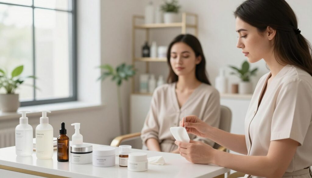 A serene beauty studio, with soft, diffused natural light pouring in through large windows. In the foreground, an aesthetician in professional business attire prepares a set of skincare products for post-permanent makeup care: soothing creams, serums, and gentle cleansers, meticulously arranged on a sleek, white table. The middle ground features a client sitting comfortably in a stylish chair, with a subtle, elegant makeup look highlighting her enhanced features from a recent permanent makeup session. In the background, softly blurred shelves filled with beauty products and plants create a calming atmosphere. The overall mood is tranquil and professional, evoking a sense of care and attention to detail in the beauty treatment process. A serene beauty studio, with soft, diffused natural light pouring in through large windows. In the foreground, an aesthetician in professional business attire prepares a set of skincare products for post-permanent makeup care: soothing creams, serums, and gentle cleansers, meticulously arranged on a sleek, white table. The middle ground features a client sitting comfortably in a stylish chair, with a subtle, elegant makeup look highlighting her enhanced features from a recent permanent makeup session. In the background, softly blurred shelves filled with beauty products and plants create a calming atmosphere. The overall mood is tranquil and professional, evoking a sense of care and attention to detail in the beauty treatment process.