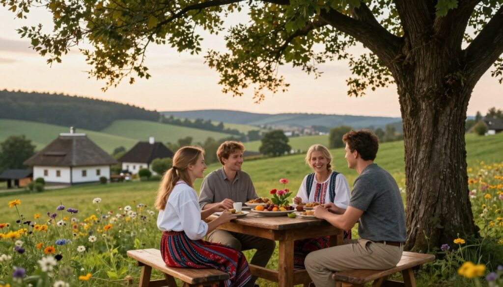A serene family gathering under a large tree in a picturesque Polish village, capturing the essence of returning to roots. In the foreground, a diverse family of four, dressed in modest, casual clothing, shares laughter and warmth, their expressions reflecting joy and connection. In the middle, a rustic wooden table is filled with traditional Polish dishes, surrounded by vibrant wildflowers. In the background, quaint, traditional Polish houses with thatched roofs set against rolling green hills under a soft, golden sunset. The lighting is warm and inviting, casting gentle shadows, evoking a sense of nostalgia and harmony. The scene conveys a peaceful, heartfelt atmosphere, emphasizing the importance of family ties and cultural heritage.