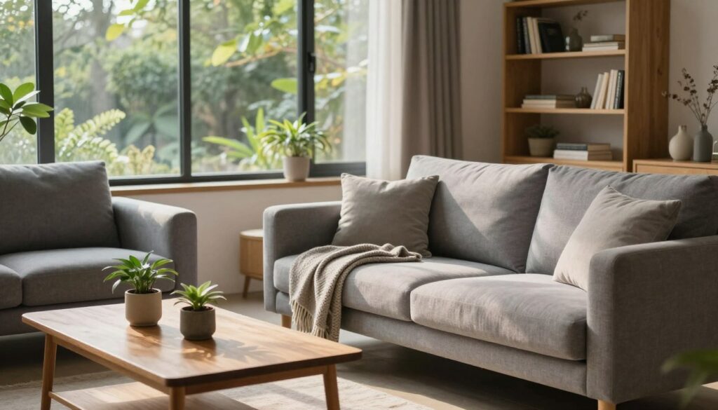 A serene gray living room featuring natural wooden elements, creating a cozy atmosphere. In the foreground, a plush gray sofa with soft cushions invites relaxation. A warm wooden coffee table is adorned with a few potted plants and a textured throw blanket. In the middle, large, sunlit windows offer a view of lush greenery outside, enhancing the connection to nature. The background showcases a subtle wooden bookshelf filled with books and decorative items, blending harmoniously with the room's palette. Soft, diffused natural light streams in, casting gentle shadows that add warmth to the scene. The overall mood is inviting and tranquil, emphasizing comfort and the beauty of natural materials in interior design. A serene gray living room featuring natural wooden elements, creating a cozy atmosphere. In the foreground, a plush gray sofa with soft cushions invites relaxation. A warm wooden coffee table is adorned with a few potted plants and a textured throw blanket. In the middle, large, sunlit windows offer a view of lush greenery outside, enhancing the connection to nature. The background showcases a subtle wooden bookshelf filled with books and decorative items, blending harmoniously with the room's palette. Soft, diffused natural light streams in, casting gentle shadows that add warmth to the scene. The overall mood is inviting and tranquil, emphasizing comfort and the beauty of natural materials in interior design.