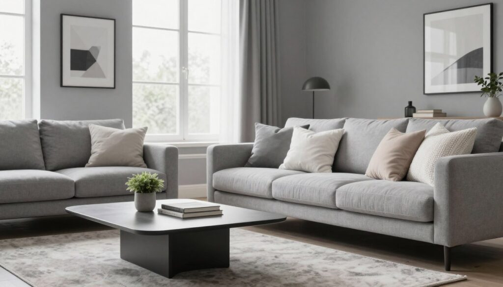 A serene gray living room, showcasing a blend of modern and minimalist design. The foreground features a plush, light gray sofa adorned with textured throw pillows in soft whites and muted pastels. A sleek, low-profile coffee table with a unique geometric shape sits in front, displaying a small potted plant and a couple of decorative books. The middle of the room showcases a stylish area rug with subtle patterns, enhancing the cozy feel. In the background, large windows allow soft, diffused natural light to flood in, illuminating the space. Walls painted in various shades of gray add depth. Stylish, contemporary art pieces hang on the walls. The mood conveys tranquility and sophistication, inviting a sense of ease and comfort. The perspective is slightly angled, capturing the entire room cohesively. A serene gray living room, showcasing a blend of modern and minimalist design. The foreground features a plush, light gray sofa adorned with textured throw pillows in soft whites and muted pastels. A sleek, low-profile coffee table with a unique geometric shape sits in front, displaying a small potted plant and a couple of decorative books. The middle of the room showcases a stylish area rug with subtle patterns, enhancing the cozy feel. In the background, large windows allow soft, diffused natural light to flood in, illuminating the space. Walls painted in various shades of gray add depth. Stylish, contemporary art pieces hang on the walls. The mood conveys tranquility and sophistication, inviting a sense of ease and comfort. The perspective is slightly angled, capturing the entire room cohesively.