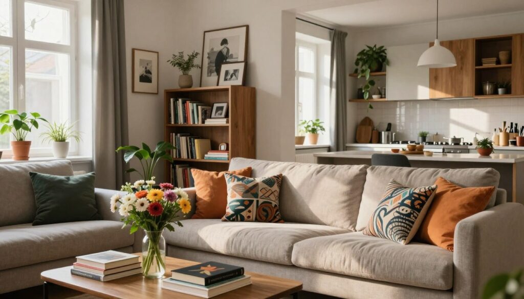 A serene interior of Justyna Steczkowska's home, showcasing harmonious design and personal touches. In the foreground, a cozy living room with a plush, neutral-toned sofa adorned with colorful, artistic cushions. A coffee table holds a collection of books and a fresh vase of flowers. The middle ground features a modern bookshelf filled with framed photos and art pieces, reflecting her personality and creativity. Soft, natural light filters through large windows, casting gentle shadows across the room. The background reveals a glimpse of a stylish kitchenette, adorned with greenery and warm wooden accents, contributing to a welcoming atmosphere. The scene conveys tranquility and a rich, authentic lifestyle, inviting the viewer into her private world. A serene interior of Justyna Steczkowska's home, showcasing harmonious design and personal touches. In the foreground, a cozy living room with a plush, neutral-toned sofa adorned with colorful, artistic cushions. A coffee table holds a collection of books and a fresh vase of flowers. The middle ground features a modern bookshelf filled with framed photos and art pieces, reflecting her personality and creativity. Soft, natural light filters through large windows, casting gentle shadows across the room. The background reveals a glimpse of a stylish kitchenette, adorned with greenery and warm wooden accents, contributing to a welcoming atmosphere. The scene conveys tranquility and a rich, authentic lifestyle, inviting the viewer into her private world.