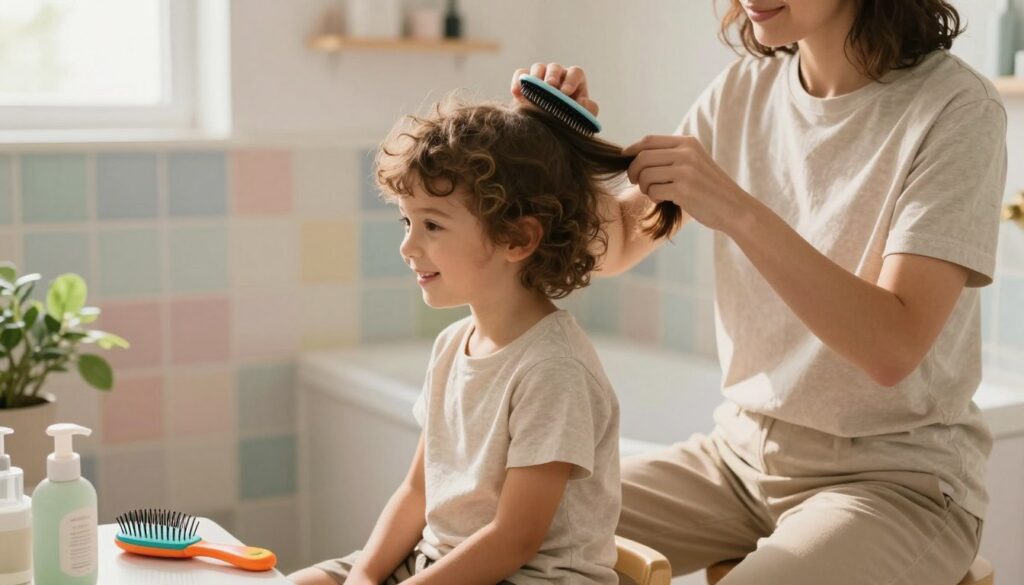 A serene, intimate scene of a parent gently brushing a child's hair in a softly lit bathroom. The child, a cheerful 5-year-old boy with curly hair and wearing a comfortable, modest t-shirt, is sitting on a small stool. In the foreground, a colorful, child-friendly hairbrush and a bottle of gentle hair conditioner can be seen. In the middle, the parent, dressed in casual, modest clothing, is focused on the child's hair, creating a calm and nurturing atmosphere. The background includes pastel-colored tiles and a small plant, enhancing the tranquility of the environment. Warm, natural light streams in from a nearby window, casting a soft glow that emphasizes the tender interaction and joyful mood of this hair care routine.