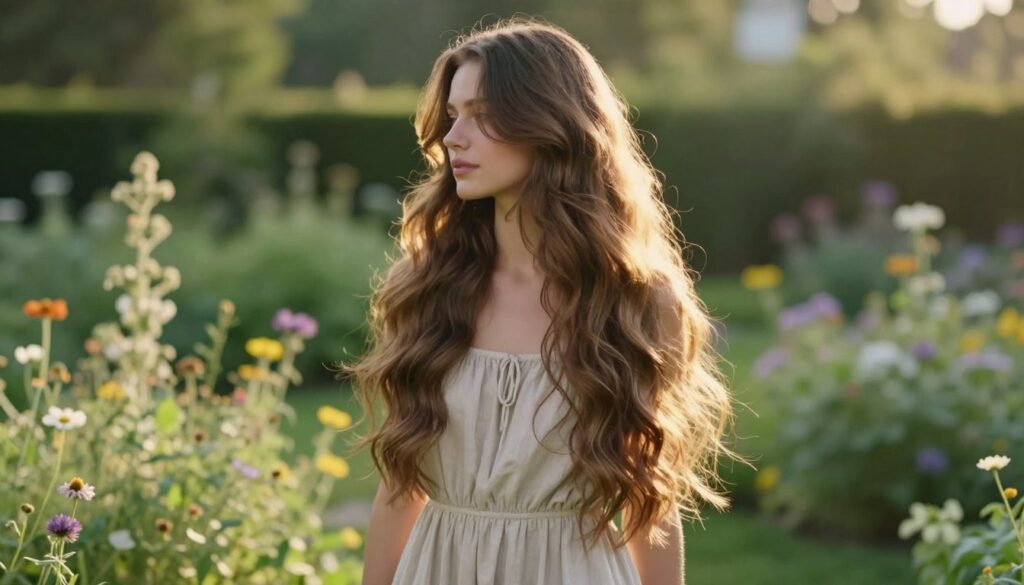 A serene outdoor setting with soft natural lighting during the golden hour. In the foreground, a woman with long, flowing, naturally styled hair stands gracefully, her hair gently cascading over her shoulders. She wears a modest, elegant summer dress that complements her long strands. Her hair appears healthy with a slight wave, catching the sunlight to showcase its texture and color. In the middle ground, lush greenery and wildflowers frame her, adding a touch of nature to the scene. The background features soft, blurred elements of a garden, enhancing the peaceful atmosphere. The overall mood is fresh, carefree, and stylish, reflecting a modern yet natural look for long hair.