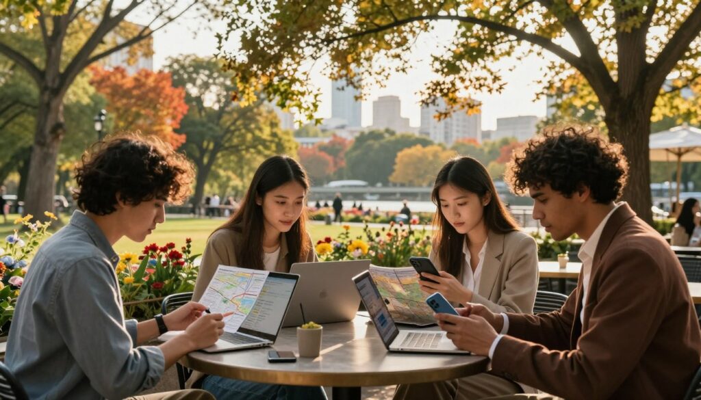 A serene park setting during the golden hour, showcasing a cozy outdoor café where viewers engage with laptops and smartphones, searching for digital clues about a content creator's location. In the foreground, a diverse group of three individuals in professional casual attire intently examines maps and social media on their devices, suggesting collaboration and excitement. The middle ground features verdant trees and blooming flowers reflecting rich autumn colors, creating a vibrant and inviting atmosphere. In the background, soft sunlight filters through the foliage, casting gentle shadows, while a distant view reveals a skyline of a modern city, symbolizing the bridge between nature and urban life. The overall mood is one of curiosity and discovery, beautifully illuminated by warm, natural light. A serene park setting during the golden hour, showcasing a cozy outdoor café where viewers engage with laptops and smartphones, searching for digital clues about a content creator's location. In the foreground, a diverse group of three individuals in professional casual attire intently examines maps and social media on their devices, suggesting collaboration and excitement. The middle ground features verdant trees and blooming flowers reflecting rich autumn colors, creating a vibrant and inviting atmosphere. In the background, soft sunlight filters through the foliage, casting gentle shadows, while a distant view reveals a skyline of a modern city, symbolizing the bridge between nature and urban life. The overall mood is one of curiosity and discovery, beautifully illuminated by warm, natural light.