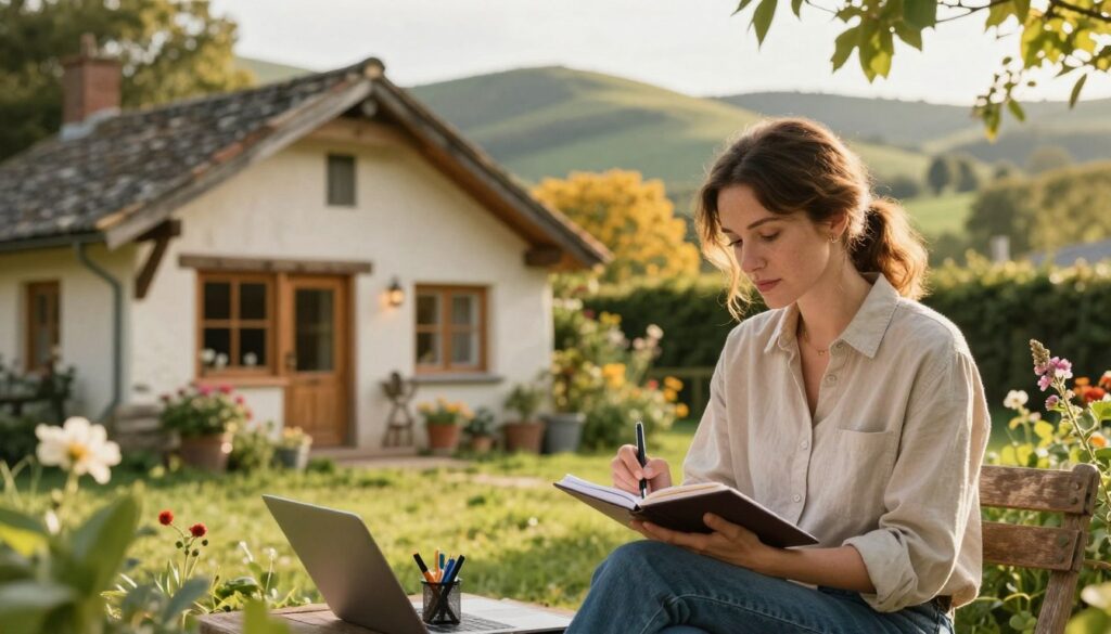 A serene rural scene depicting a woman engaged in her daily routine, showcasing a blend of work and leisure. In the foreground, a professional-looking woman in modest, casual clothing, focused on writing in a notebook, surrounded by greenery. In the middle ground, a cozy, charming cottage with large windows that let in warm, golden sunlight, and rustic elements like wooden beams and a flower garden. In the background, rolling hills and vibrant trees capturing the essence of a peaceful countryside. Soft, natural lighting creates a warm, inviting atmosphere, evoking a sense of tranquility and balance between work and nature. The image should reflect a harmonious lifestyle, symbolizing the connection to both journalism and rural living. A serene rural scene depicting a woman engaged in her daily routine, showcasing a blend of work and leisure. In the foreground, a professional-looking woman in modest, casual clothing, focused on writing in a notebook, surrounded by greenery. In the middle ground, a cozy, charming cottage with large windows that let in warm, golden sunlight, and rustic elements like wooden beams and a flower garden. In the background, rolling hills and vibrant trees capturing the essence of a peaceful countryside. Soft, natural lighting creates a warm, inviting atmosphere, evoking a sense of tranquility and balance between work and nature. The image should reflect a harmonious lifestyle, symbolizing the connection to both journalism and rural living.