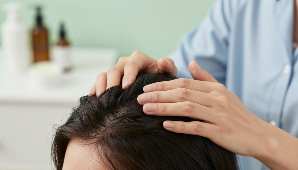 A serene scene featuring a close-up of a person gently massaging their scalp as part of a hair care routine. The person is depicted in modest casual clothing, with a focus on their careful, soothing hand movements. In the background, soft lighting creates a calming atmosphere, accentuated by natural colors like light greens and soft blues, evoking a sense of tranquility. The foreground highlights the texture of the hair and scalp, with intricate details showcasing healthy hair follicles and a nourished scalp. The composition emphasizes self-care and rejuvenation, with a slightly blurred backdrop featuring subtle beauty products like oils and creams that suggest a holistic approach to scalp maintenance. The image conveys a peaceful and nurturing mood, ideal for illustrating scalp care after a dramatic hairstyle change.