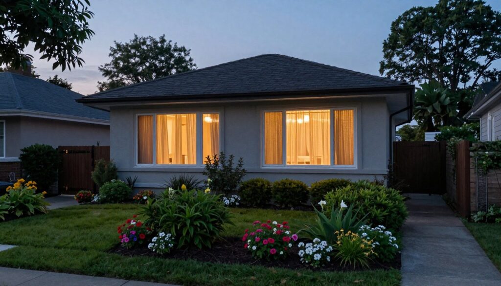 A serene suburban neighborhood at dusk, showcasing a modern, yet discreet house that reflects privacy. In the foreground, a well-maintained garden with vibrant flowers and lush green bushes creates a welcoming atmosphere. The middle ground features the house with elegant architecture, large windows partially obscured by tasteful curtains, hinting at an active but private lifestyle. Soft, warm lighting from the windows creates an intimate glow, suggesting comfort and security. The background includes well-kept trees and a peaceful street, enhancing the tranquil environment. The mood is calm and inviting, emphasizing the importance of privacy. The angle captures the house from a slightly elevated perspective, providing an overall sense of safety and seclusion.