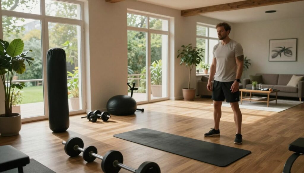 A serene training environment showcasing Jacek Murański's workout space. In the foreground, a well-equipped fitness area featuring weights, exercise mats, and a training dummy, reflecting a rigorous athletic routine. The middle section displays a spacious, well-lit room with large windows allowing natural light to pour in, casting soft shadows. Lush greenery can be seen outside, creating a calm atmosphere. In the background, a cozy living area is subtly visible, hinting at a balance between personal life and training. The overall mood is focused and determined, with warm lighting enhancing the inviting ambiance. The composition is shot from a slightly elevated angle, providing a comprehensive view of the space. A serene training environment showcasing Jacek Murański's workout space. In the foreground, a well-equipped fitness area featuring weights, exercise mats, and a training dummy, reflecting a rigorous athletic routine. The middle section displays a spacious, well-lit room with large windows allowing natural light to pour in, casting soft shadows. Lush greenery can be seen outside, creating a calm atmosphere. In the background, a cozy living area is subtly visible, hinting at a balance between personal life and training. The overall mood is focused and determined, with warm lighting enhancing the inviting ambiance. The composition is shot from a slightly elevated angle, providing a comprehensive view of the space.