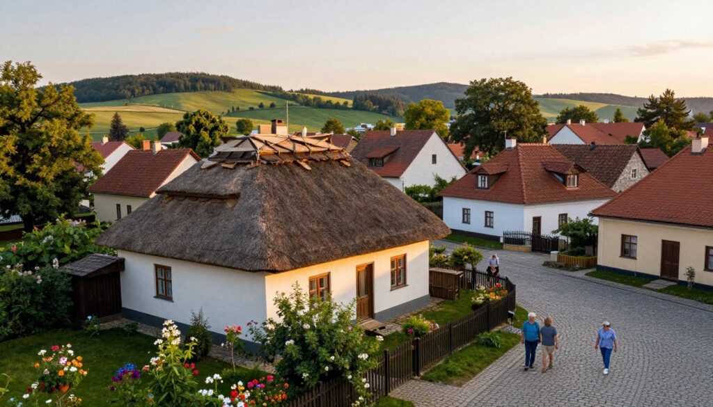 A serene view of Międzyrzec Podlaski, showcasing the picturesque charm of this small Polish town. In the foreground, a quaint, traditional house with a thatched roof embodies the warmth of home, surrounded by lush gardens filled with blooming flowers. The middle ground features cobblestone streets winding through the town, with a few residents dressed in modest, casual clothing strolling leisurely. In the background, the skyline is adorned with gentle hills and greenery, bathed in the soft, golden light of a late afternoon sun. The atmosphere is tranquil and nostalgic, evoking a sense of connection to roots and heritage, with an emphasis on peaceful rural life. The angle captures the essence of Międzyrzec Podlaski, inviting viewers to explore its cultural significance.