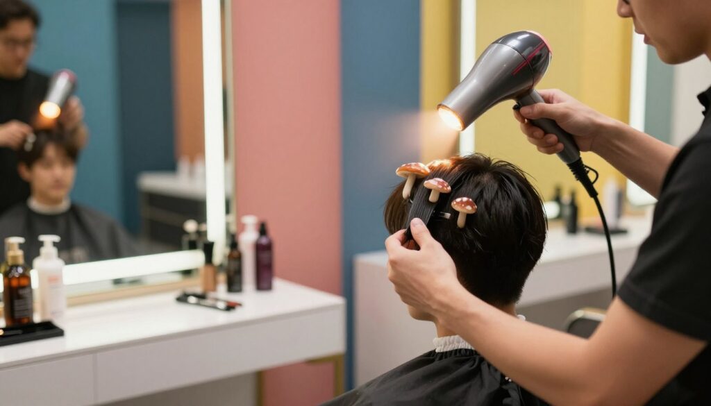 A sleek, modern bathroom scene featuring a male stylist expertly using a hairdryer on a client with a trendy mushroom haircut. In the foreground, focus on the stylist’s hands holding the hairdryer, showcasing the airflow and technique used for styling. The client has a relaxed expression, sitting in a stylish salon chair, with the hairdryer’s warm light creating a welcoming glow. In the middle ground, elegant hair tools and products are neatly arranged on a vanity, emphasizing a professional atmosphere. The background should display vibrant salon decor, with mirrors reflecting the scene and soft, ambient lighting enhancing the mood. Capture the dynamic energy of the hair styling process, conveying a modern and fresh approach to hairstyling techniques.