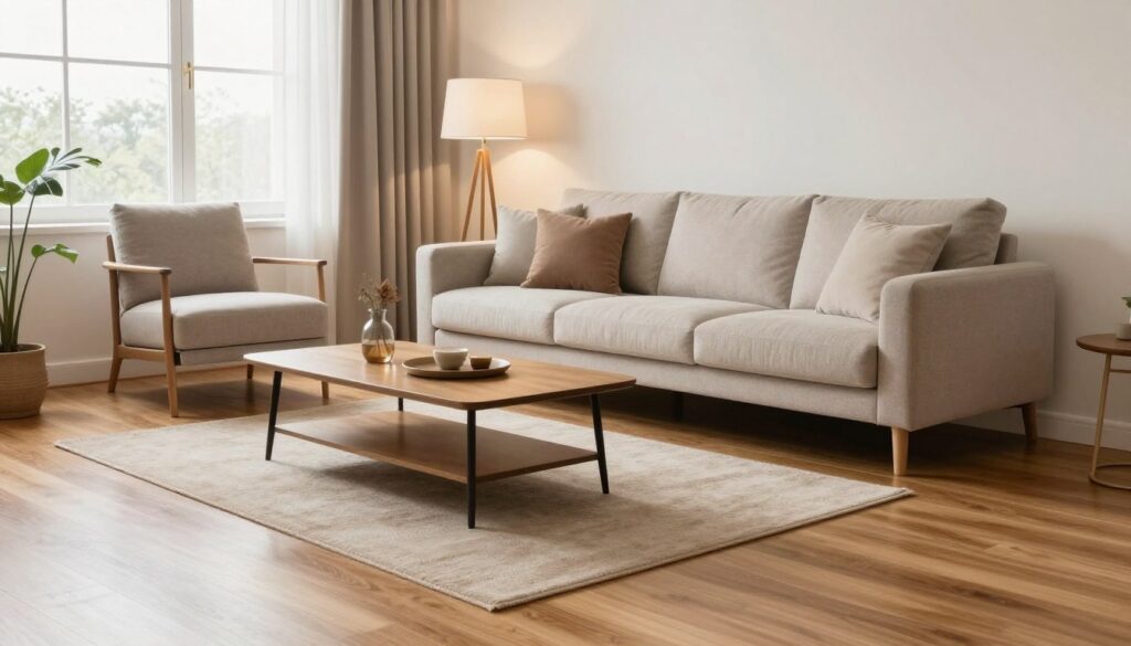 A small, elegant living room featuring a stylish wooden floor with a warm tone, beautifully arranged to showcase functionality without clutter. In the foreground, a sleek coffee table with a few tasteful decorative items sits atop a cozy area rug. The middle area includes a stylish sofa adorned with soft cushions, strategically placed to create a welcoming ambiance. In the background, soft lighting emanates from modern floor lamps, casting a gentle glow that enhances the room’s serene atmosphere. Large windows allow natural light to flood in, highlighting the room’s clean lines and minimalist decor. The overall mood is inviting and organized, perfect for small space design.