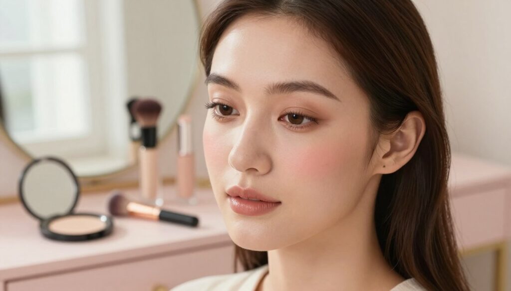 A soft, natural makeup look for a woman with a fresh, no-makeup appearance, highlighting subtle beauty. The foreground features her face in close-up, showcasing flawless skin with a hint of blush, lightly defined eyebrows, and nude lipstick. Her eyes are enhanced with minimal mascara and taupe eyeshadow, conveying a gentle elegance. The middle ground includes a delicate arrangement of beauty products like a compact powder and a makeup brush, subtly hinting at everyday beauty routines. In the background, a softly blurred pastel-colored dressing table reflects a light, airy atmosphere, illuminated by warm, natural light streaming from a nearby window. The overall mood is serene and inviting, emphasizing simplicity and sophistication in daily makeup.