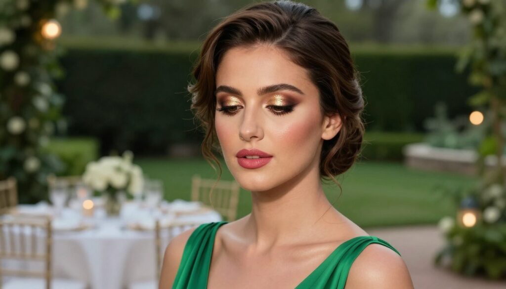 A sophisticated makeup look specifically tailored for a woman wearing a vibrant green dress, ideal for weddings and elegant events. The foreground features a beautifully styled model, showcasing shimmering eyeshadow in shades of gold and bronze, perfectly complementing her green attire. Her lips are adorned with a soft rose-pink lipstick, while her cheeks feature a subtle, natural blush. In the middle ground, an elegant setting with soft, diffused lighting highlights the model's features, enhancing the romantic atmosphere. The background depicts a blurred garden scene, lush with greenery and softly lit by warm evening lights. The overall mood is glamorous and refined, suitable for special occasions, captured using a soft focus lens at a slight angle to emphasize the makeup artistry. A sophisticated makeup look specifically tailored for a woman wearing a vibrant green dress, ideal for weddings and elegant events. The foreground features a beautifully styled model, showcasing shimmering eyeshadow in shades of gold and bronze, perfectly complementing her green attire. Her lips are adorned with a soft rose-pink lipstick, while her cheeks feature a subtle, natural blush. In the middle ground, an elegant setting with soft, diffused lighting highlights the model's features, enhancing the romantic atmosphere. The background depicts a blurred garden scene, lush with greenery and softly lit by warm evening lights. The overall mood is glamorous and refined, suitable for special occasions, captured using a soft focus lens at a slight angle to emphasize the makeup artistry.
