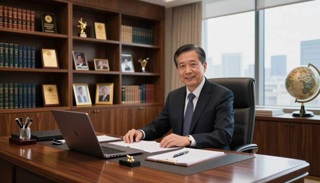 A sophisticated office interior reflecting the personal assets of a government official, featuring polished wooden furniture and elegant decor. In the foreground, a sleek desk with a high-end laptop, open documents, and a tasteful pen set, representing the day-to-day work of a deputy minister. The middle ground showcases shelves filled with books, awards, and a few carefully arranged personal items, like framed photographs and a globe, hinting at a life of achievement. In the background, large windows allow natural light to flood the space, creating a warm and inviting atmosphere, with city skyline views. The overall mood is professional and refined, emphasizing the importance of the individual's position and personal belongings.