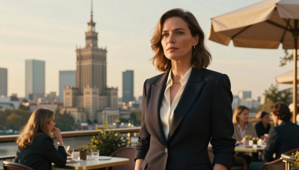 A sophisticated portrait of Joanna Kulig, the renowned actress, elegantly balancing her international career and personal life. In the foreground, she stands confidently, dressed in a chic, professional outfit that reflects her status in both Polish and international cinema. Her expression is thoughtful, embodying determination and grace. The middle layer features iconic landmarks from both Poland and a foreign city, symbolizing her life between two worlds, perhaps Warsaw's skyline juxtaposed with Paris. The background shows a soft-focus café setting, hinting at personal time with friends. Golden hour lighting bathes the scene, giving a warm, inviting atmosphere. The image is framed from a slightly low angle, adding a sense of empowerment to her presence.