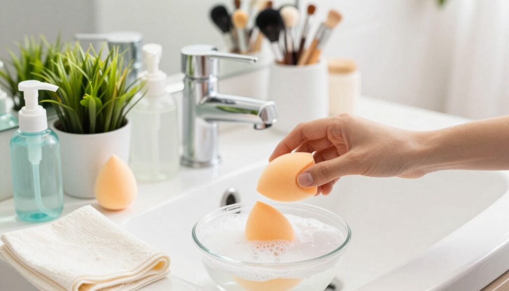 A step-by-step instruction guide for cleaning a makeup sponge, depicted in a bright and inviting bathroom setting. The foreground features a clear view of a makeup sponge nestled in a small dish of soapy water, surrounded by various cleaning supplies like a gentle cleanser and a soft cloth. In the middle, the sink area displays a vibrant plant and artfully arranged makeup tools, creating a homey aesthetic. The background shows a well-lit bathroom mirror reflecting soft natural light, enhancing the cleanliness theme. The atmosphere is calm and organized, conveying the message of effective makeup sponge care. The image should be captured from a top-down angle, highlighting the cleaning process in action, without any text or annotations. A step-by-step instruction guide for cleaning a makeup sponge, depicted in a bright and inviting bathroom setting. The foreground features a clear view of a makeup sponge nestled in a small dish of soapy water, surrounded by various cleaning supplies like a gentle cleanser and a soft cloth. In the middle, the sink area displays a vibrant plant and artfully arranged makeup tools, creating a homey aesthetic. The background shows a well-lit bathroom mirror reflecting soft natural light, enhancing the cleanliness theme. The atmosphere is calm and organized, conveying the message of effective makeup sponge care. The image should be captured from a top-down angle, highlighting the cleaning process in action, without any text or annotations.