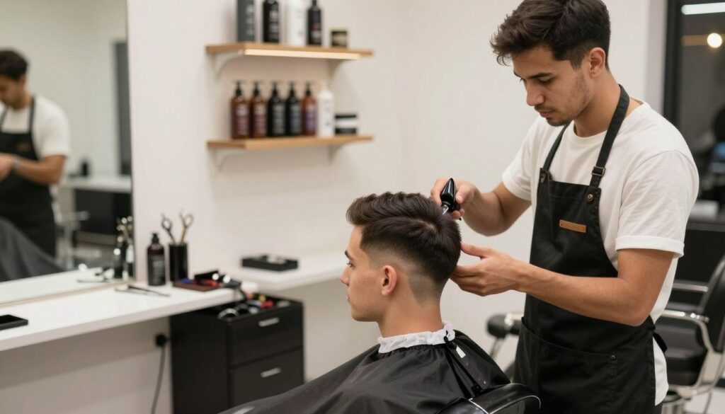 A step-by-step tutorial illustration of a buzz cut hairstyle, featuring a diverse male barber in a professional apron demonstrating the technique on a client with modest casual clothing. In the foreground, the barber is holding clippers with precision, his focused expression reflecting expertise. The client sits in a barber chair, looking relaxed and content with his well-groomed hair. In the middle background, a well-lit modern barbershop with mirrors, scissors, and hair products displayed neatly on shelves creates an inviting atmosphere. Soft, warm lighting enhances the scene, and the overall mood conveys professionalism and attention to detail. The angle is slightly elevated, providing a clear view of the haircutting process without any distractions. A step-by-step tutorial illustration of a buzz cut hairstyle, featuring a diverse male barber in a professional apron demonstrating the technique on a client with modest casual clothing. In the foreground, the barber is holding clippers with precision, his focused expression reflecting expertise. The client sits in a barber chair, looking relaxed and content with his well-groomed hair. In the middle background, a well-lit modern barbershop with mirrors, scissors, and hair products displayed neatly on shelves creates an inviting atmosphere. Soft, warm lighting enhances the scene, and the overall mood conveys professionalism and attention to detail. The angle is slightly elevated, providing a clear view of the haircutting process without any distractions.