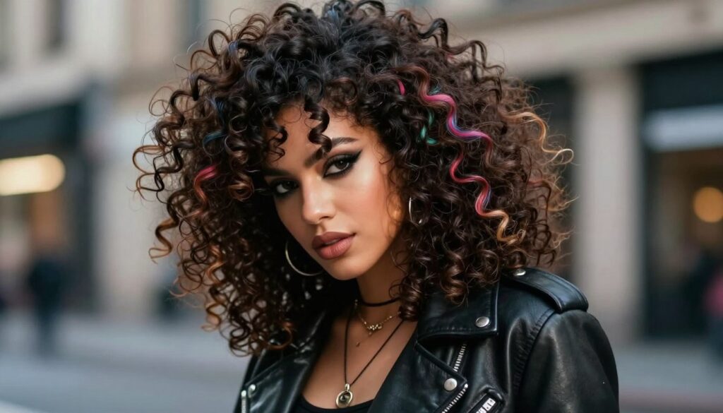 A striking image of a rock-inspired hairstyle featuring voluminous, curly hair. The foreground showcases a close-up of a stylish individual with bold makeup and a confident expression, accentuating the edgy, avant-garde look. Hints of vibrant color streaks in the curls add an original twist. In the middle, the individual is posed confidently, wearing a fashionable leather jacket that complements the rocker vibe. The background is slightly blurred, giving a sense of an urban environment, with soft bokeh lights to create a lively atmosphere. The lighting is dramatic, with high-contrast shadows that enhance the texture of the curls, creating an intense mood that embodies a daring, original style. The composition captures the essence of a rebellious yet stylish persona.