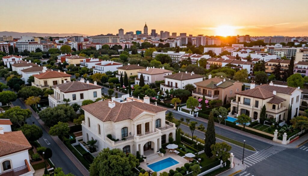 A stunning aerial view of La Moraleja, an affluent residential neighborhood in Madrid, Spain. In the foreground, showcase luxurious villas with elegant architecture, spacious gardens, and swimming pools. In the middle ground, visualize tree-lined streets and manicured landscaping, emphasizing the tranquility of the area. The background should feature the vibrant skyline of Madrid, with iconic buildings peeking through the lush greenery. Capture the warm hues of a sunset, casting a golden glow over the scene, evoking a sense of wealth and prestige. Use a wide-angle lens to enhance depth, ensuring the atmosphere feels inviting and serene, reflecting the upscale lifestyle associated with the area. The image should radiate elegance and charm, fitting for an upscale residential representation. A stunning aerial view of La Moraleja, an affluent residential neighborhood in Madrid, Spain. In the foreground, showcase luxurious villas with elegant architecture, spacious gardens, and swimming pools. In the middle ground, visualize tree-lined streets and manicured landscaping, emphasizing the tranquility of the area. The background should feature the vibrant skyline of Madrid, with iconic buildings peeking through the lush greenery. Capture the warm hues of a sunset, casting a golden glow over the scene, evoking a sense of wealth and prestige. Use a wide-angle lens to enhance depth, ensuring the atmosphere feels inviting and serene, reflecting the upscale lifestyle associated with the area. The image should radiate elegance and charm, fitting for an upscale residential representation.