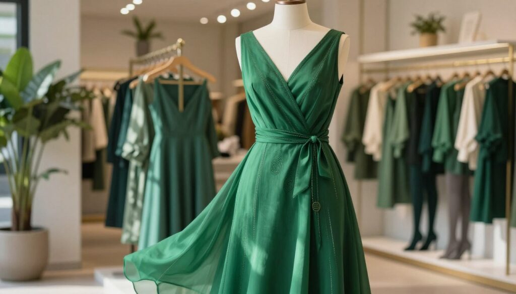 A stunning green dress displayed elegantly on a mannequin, showcasing various shades of green fabrics draped gracefully, suggesting different styles and textures. The background features a softly blurred boutique setting, adorned with tasteful decor like potted plants and elegant lighting fixtures, creating a warm and inviting atmosphere. The foreground emphasizes the intricate details of the dress, highlighting its craftsmanship — from delicate stitching to flowing fabric. Natural light filters in, casting soft shadows that enhance depth and dimension. This image exudes a sense of sophistication and fashion insight, illustrating the interplay between the green dress and stylish, complementary tights of various colors, suggesting their impact on the overall ensemble.