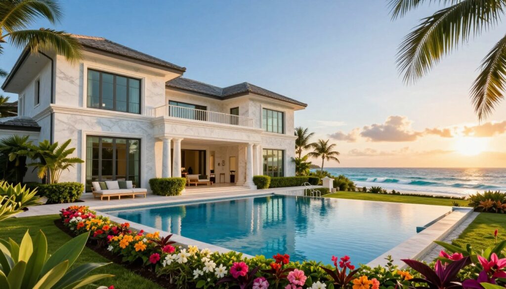 A stunning luxury estate on the Bahamas, showcasing opulent architecture with white marble exteriors and large glass windows. In the foreground, lush tropical gardens with vibrant flowers surround a serene infinity pool that reflects the clear blue sky. The middle ground features the estate's grand entrance, accentuated by elegant columns and manicured hedges. In the background, view the sparkling ocean with gentle waves under a warm golden sunset, casting a soft glow over the scene. The ambiance is tranquil and inviting, capturing the luxurious lifestyle. The image is taken from a slightly elevated angle to provide a comprehensive view, utilizing natural lighting to enhance the vibrant colors and textures, evoking a sense of paradise and sophistication. A stunning luxury estate on the Bahamas, showcasing opulent architecture with white marble exteriors and large glass windows. In the foreground, lush tropical gardens with vibrant flowers surround a serene infinity pool that reflects the clear blue sky. The middle ground features the estate's grand entrance, accentuated by elegant columns and manicured hedges. In the background, view the sparkling ocean with gentle waves under a warm golden sunset, casting a soft glow over the scene. The ambiance is tranquil and inviting, capturing the luxurious lifestyle. The image is taken from a slightly elevated angle to provide a comprehensive view, utilizing natural lighting to enhance the vibrant colors and textures, evoking a sense of paradise and sophistication.