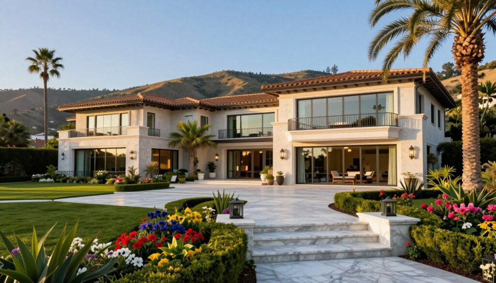 A stunning view of a luxurious estate in Hidden Hills, California, capturing the essence of celebrity lifestyle. In the foreground, lush, meticulously manicured gardens with vibrant flowers and palm trees, leading to a grand entrance with elegant marble steps. The middle ground features a modern mansion with large glass windows reflecting the sunlight, highlighting architectural details like balconies and outdoor terraces. In the background, rolling hills create a serene backdrop under a clear blue sky. The scene is bathed in warm, golden hour light, evoking a sense of tranquility and opulence. The perspective is slightly elevated, showcasing the estate's grandeur while maintaining a natural feel. The overall atmosphere is luxurious and inviting, perfect for illustrating the distinctive character of a celebrity's home.