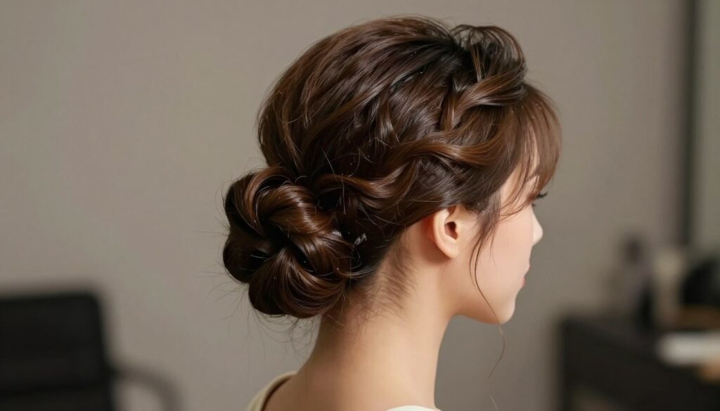 A stylish and avant-garde hairstyle showcasing intricate updos enhanced with volumizing fillers, positioned on a model dressed in elegant, modest attire. In the foreground, focus on the detailed texture and structure of the updo, highlighting strands elegantly twisted and pinned, with glossy, radiant hair that catches the light. The middle ground reveals the model’s graceful neck and shoulders, with soft, diffused lighting creating a sophisticated atmosphere. The background features a blurred, neutral-toned setting that emphasizes the hairstyle without distraction. The overall mood is chic and artistic, celebrating bold and original hairstyles that push conventional boundaries.