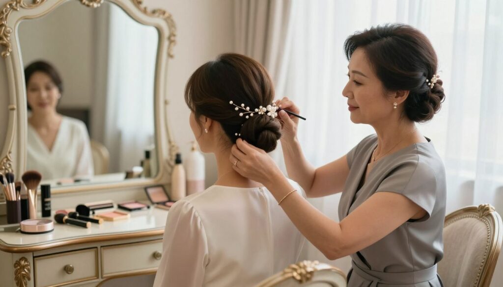 A stylish and elegant scene depicting the final tips for a mother attending her son's wedding. In the foreground, a sophisticated woman gently arranging her hair in a stylish updo, showcasing delicate hair accessories like pearls and floral clips. She wears a modest and chic dress, exhibiting grace and poise. The middle ground features a vintage dressing table with elegant cosmetics and hair tools neatly arranged, contributing to the overall elegance. In the background, soft, diffused natural light filters through a sheer curtain, creating a warm and inviting atmosphere. The overall mood is one of anticipation and joy, capturing the importance of the occasion while emphasizing refined style and personal preparation for a significant family event.