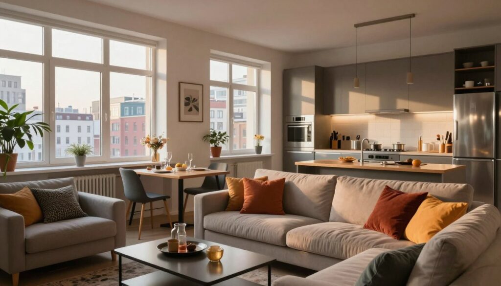 A stylish and modern Warsaw apartment showcasing a cozy living space, featuring large windows that let in warm, natural light. The foreground includes a plush sofa adorned with colorful cushions and a sleek coffee table, accented with decorative items. In the middle, there is a contemporary kitchen with stainless steel appliances and a stylish dining area set for a casual meal. The background reveals city views through the windows, reflecting the vibrant atmosphere of urban living. The lighting is soft and inviting, creating a warm and welcoming ambiance. The overall mood is elegant yet comfortable, embodying the essence of a young artist's home. No people are present in the image.